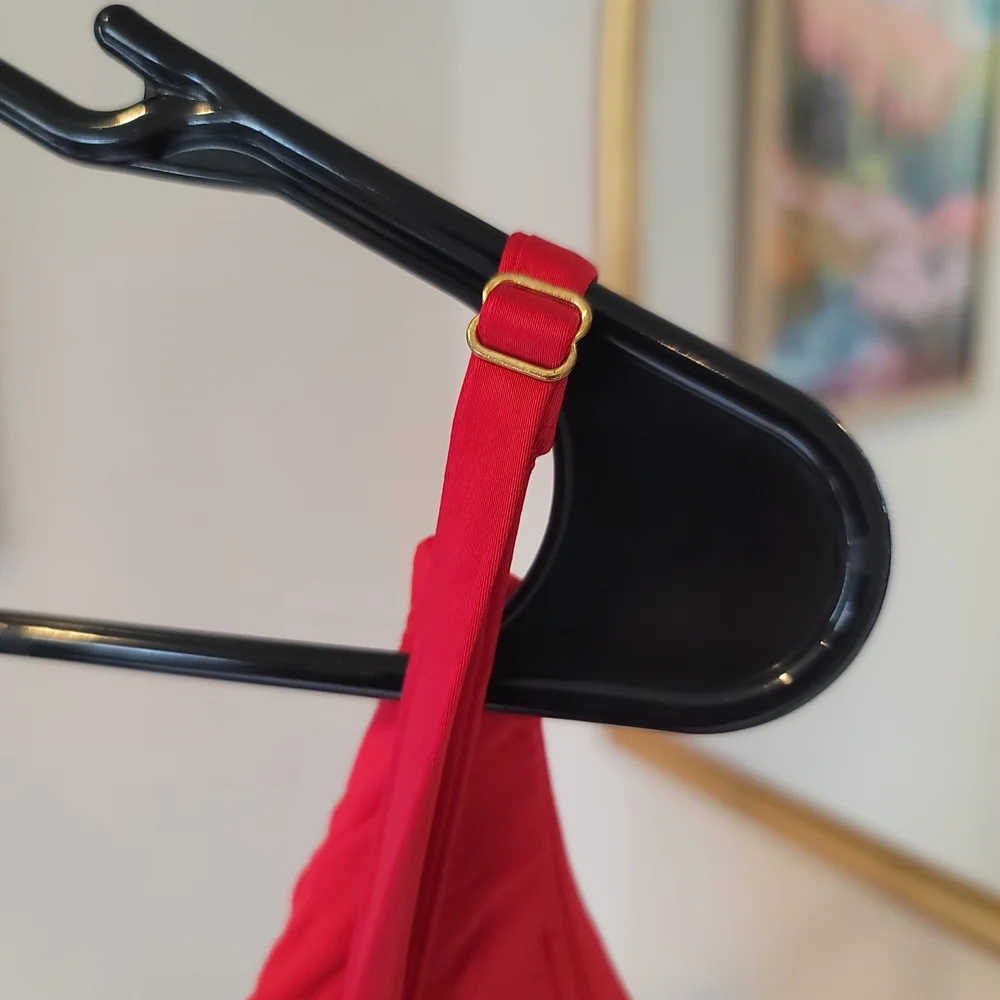 NWT DONNA KARAN Satin Sleeveless Asymmetric Ruffle Red V Neck Size 14 - Picture 7 of 11